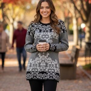 Colour Works Women's Knit wool Long Sweater Damask Cottage Romantic Gray S